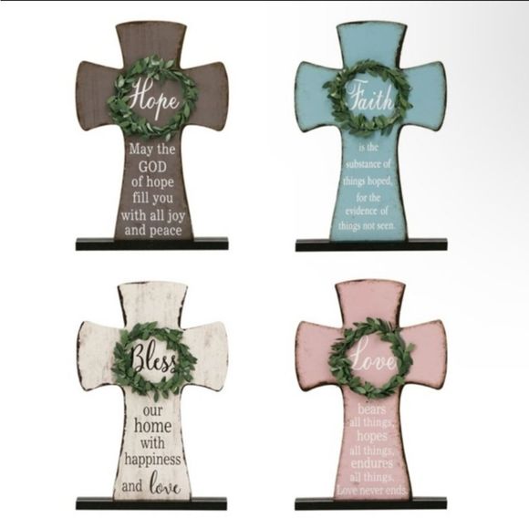 New Gray Rustic Wooden HOPE w/ Wreath Inspirational Cross Table Top Decor Sign - Picture 4 of 4